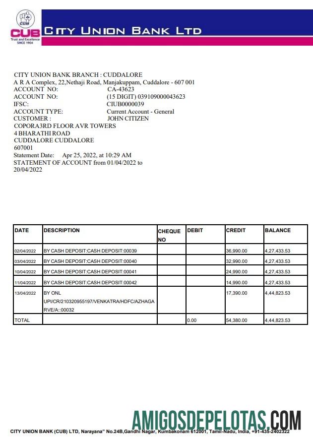 India City Union modelo de extrato bancário
